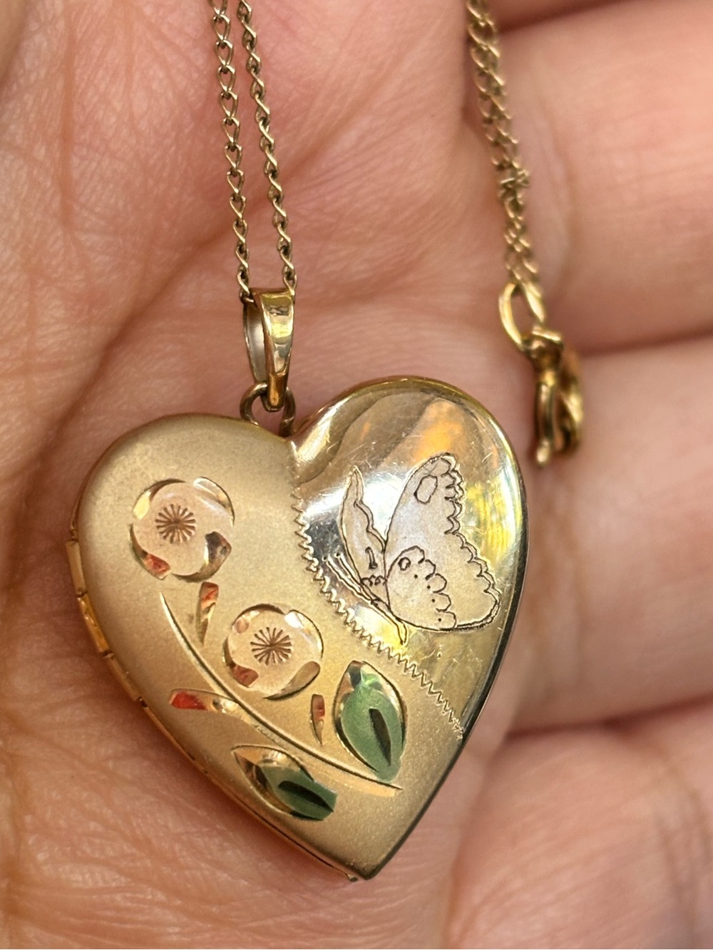 Vintage 14K Gold Filled Heart Locket Necklace Butterfly Floral Design
